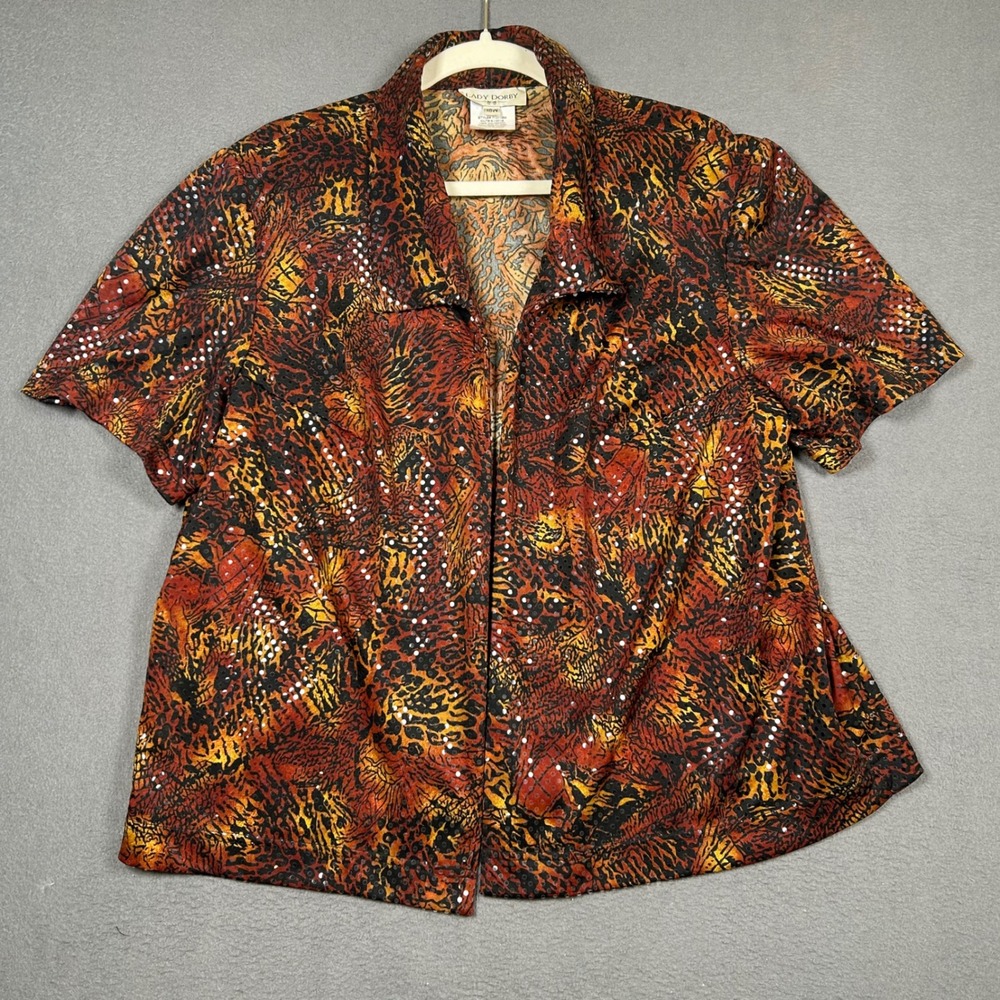 Lady Dorby Top Womens 18W Orange Animal Print Sequin Open Front Shirt 712118M